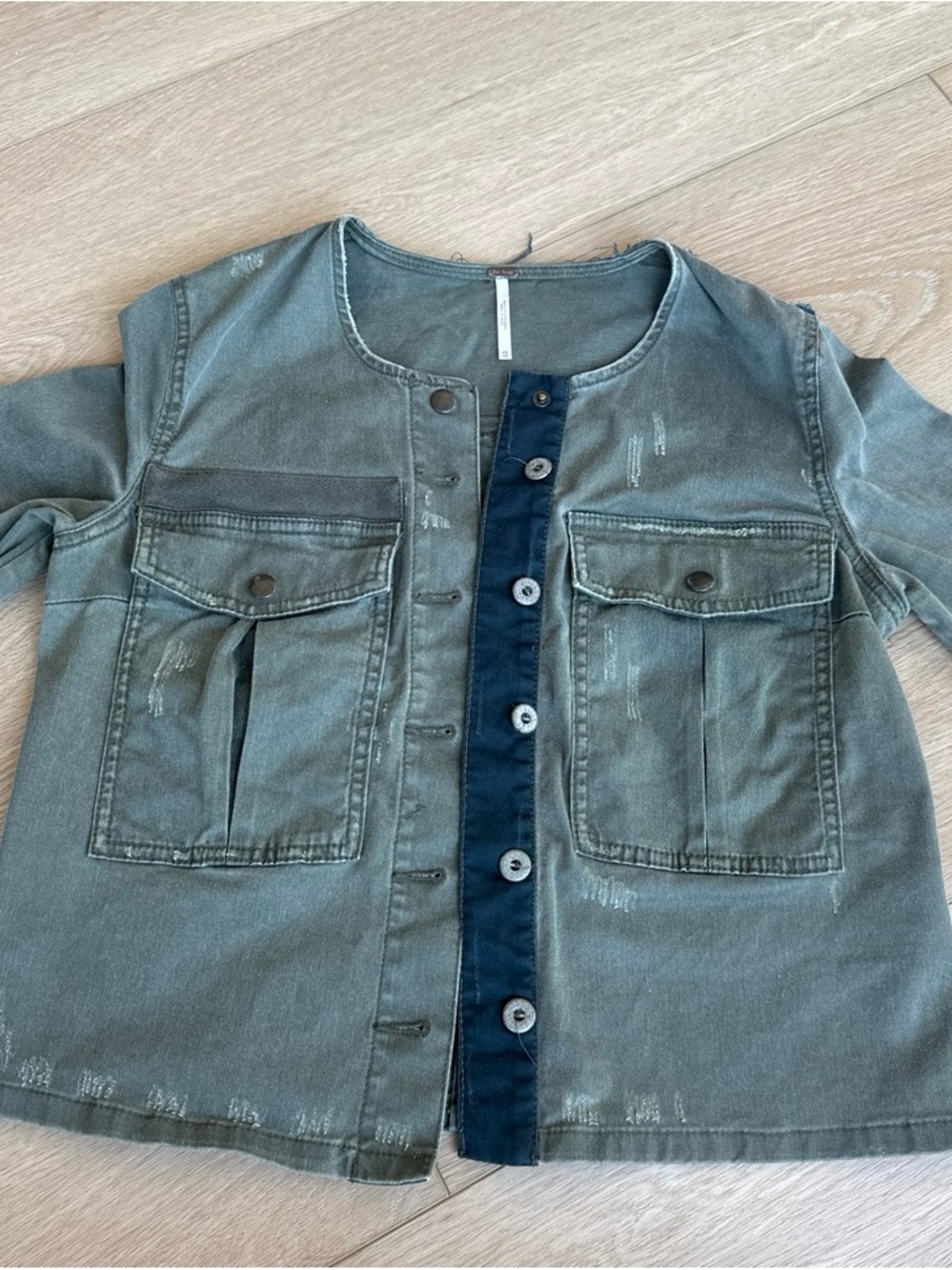 Free People Kids Olive-Green Button Front Utility Jacket with Navy Placket